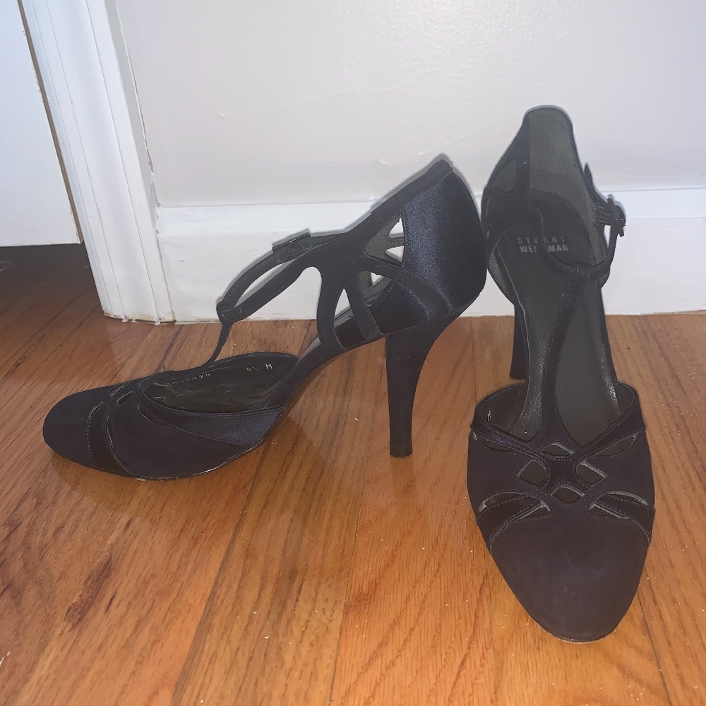 Suede and Satin Stuart Weitzman t-step Pumps